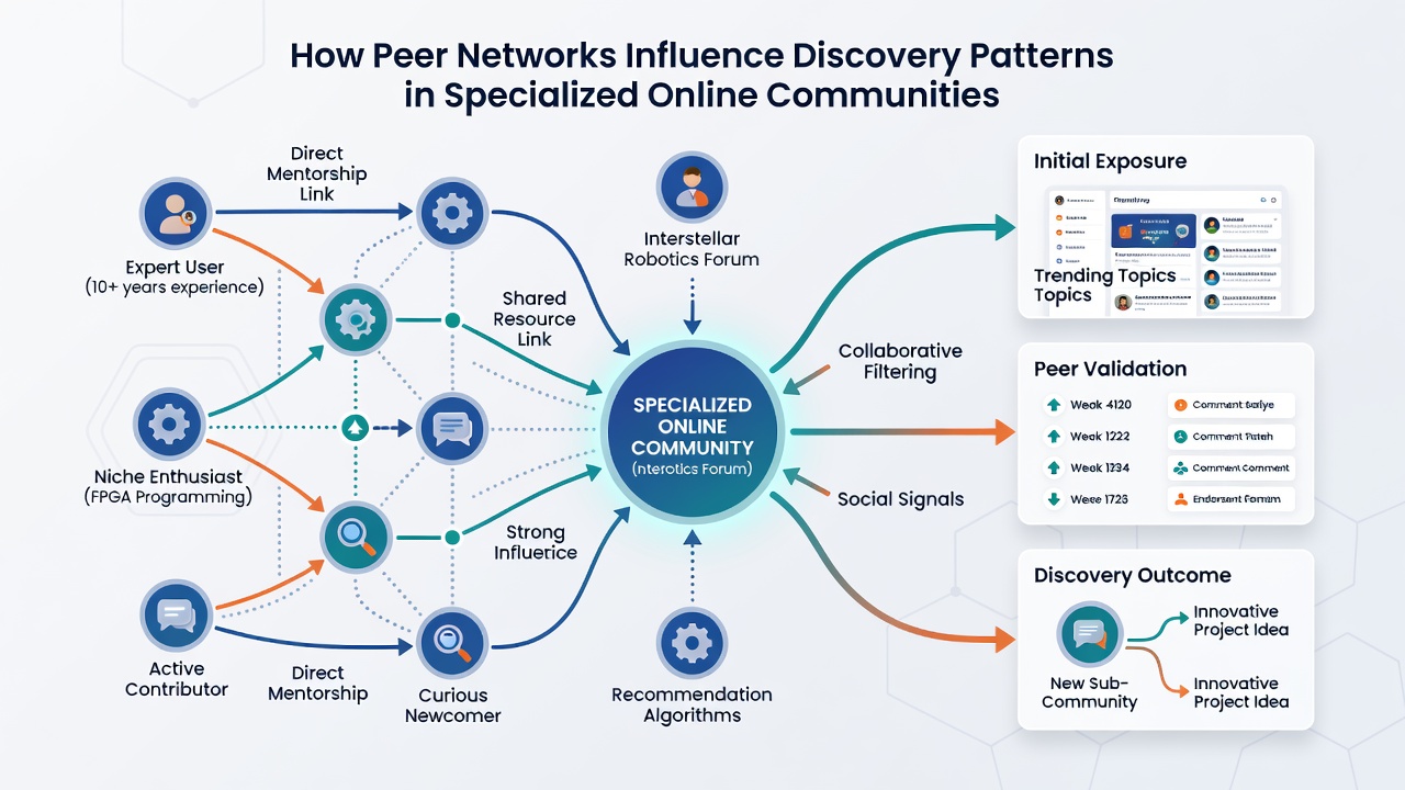Data visualization showing peer network connections and discovery flow in online communities