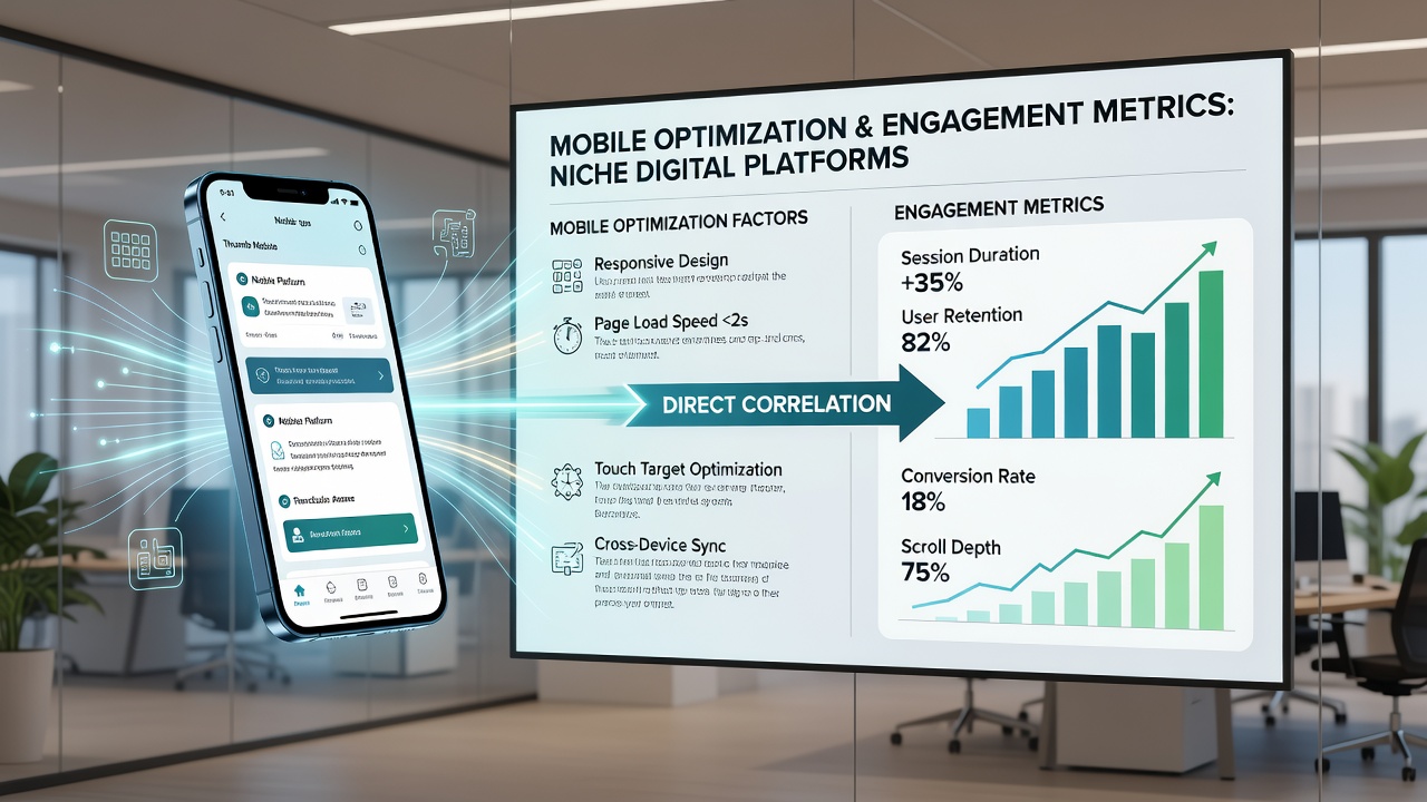 Users interacting with a niche digital platform on mobile devices, highlighting optimized navigation and metric tracking overlays